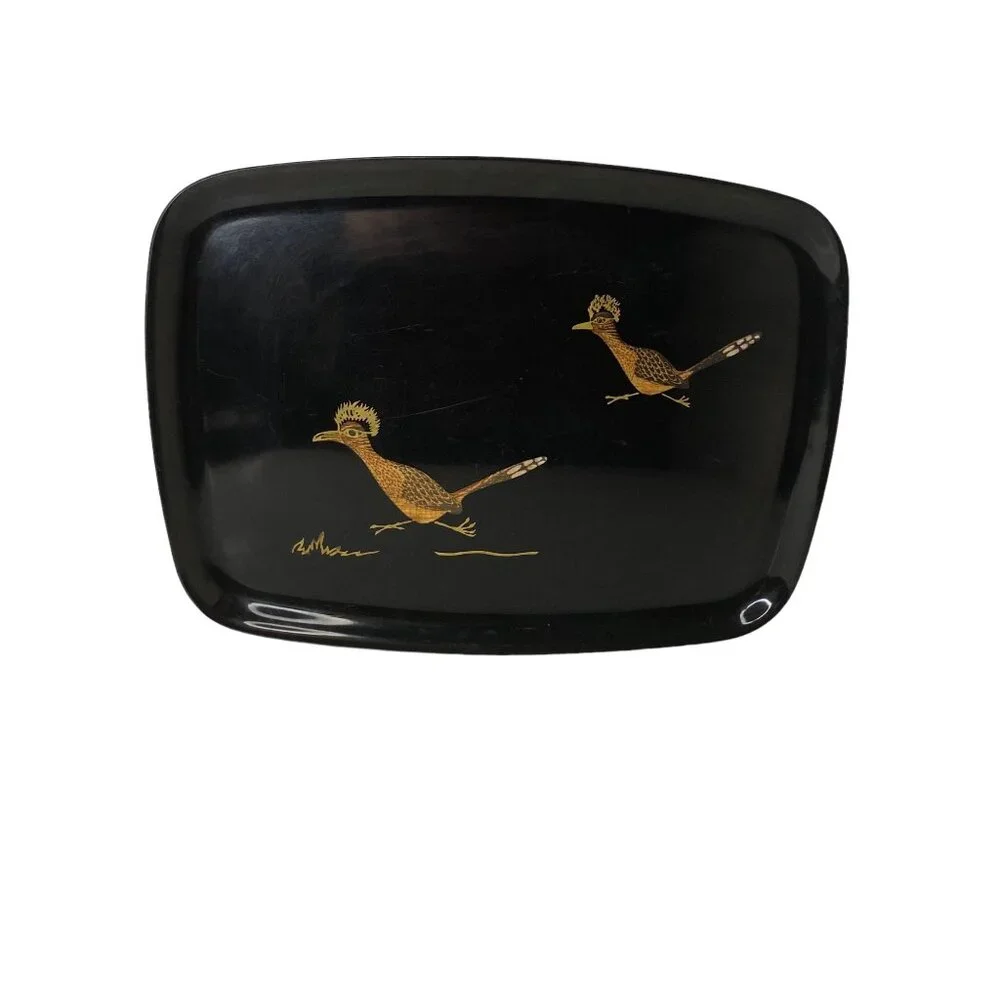 Couroc of Monterey black inlaid‎ serving tray roadrunners bar MCM retro vtg 70's